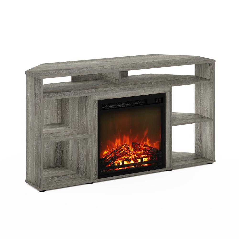 Furinno Jensen Corner TV Stand with Fireplace for TV up to 55 Inches, French Oak Grey