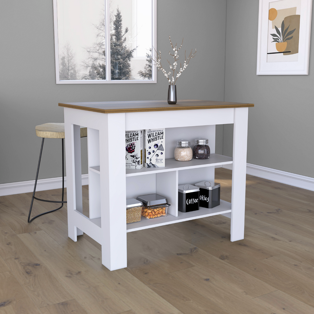 Delos Kitchen Island, Four Legs, Three Shelves