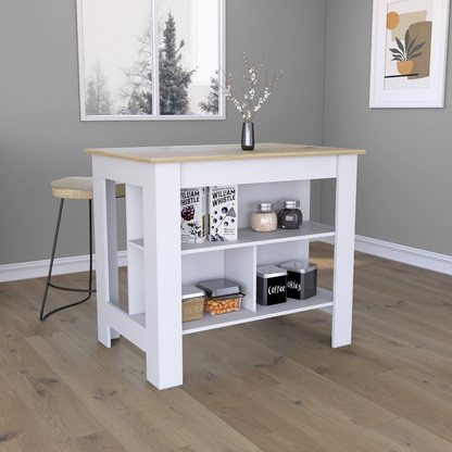 Delos Kitchen Island, Four Legs, Three Shelves