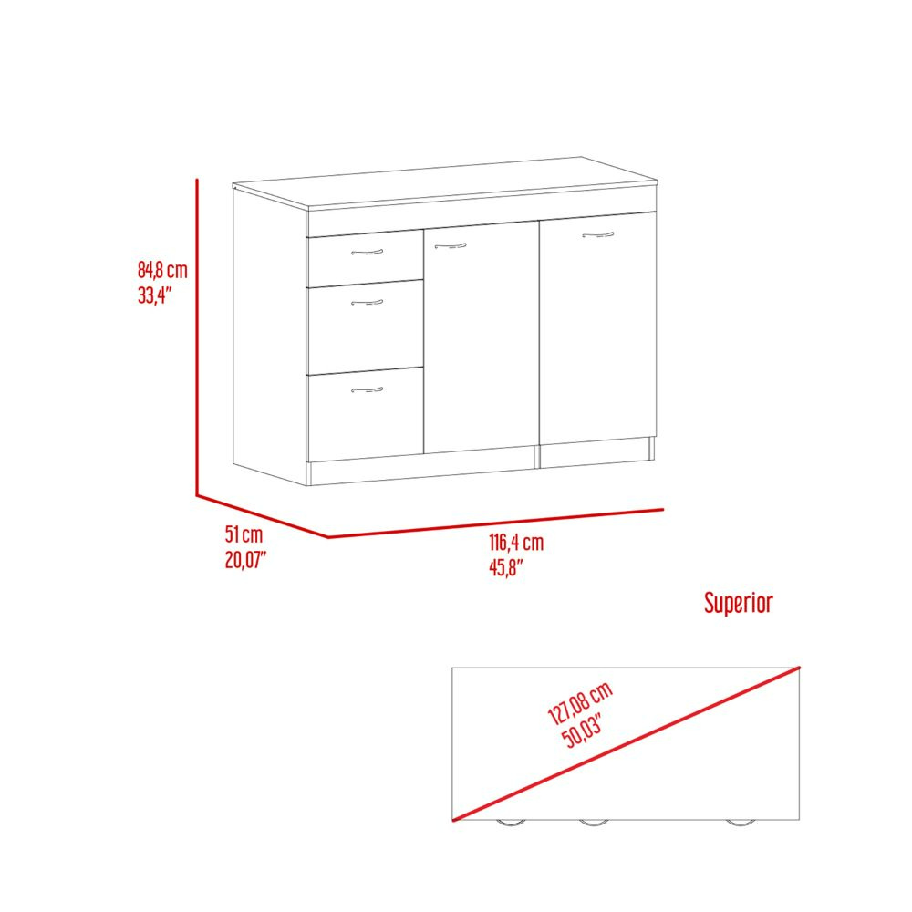 Kitchen Base Cabinet, Three Drawers, Two Interior Shelves