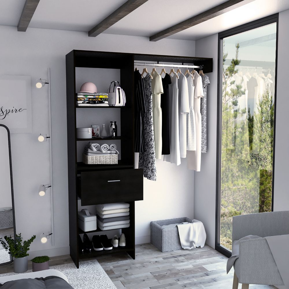 Dynamic Closet System, Five Open Shelves, One Drawer, One Metal Rod