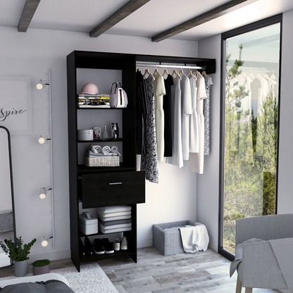 Dynamic Closet System, Five Open Shelves, One Drawer, One Metal Rod