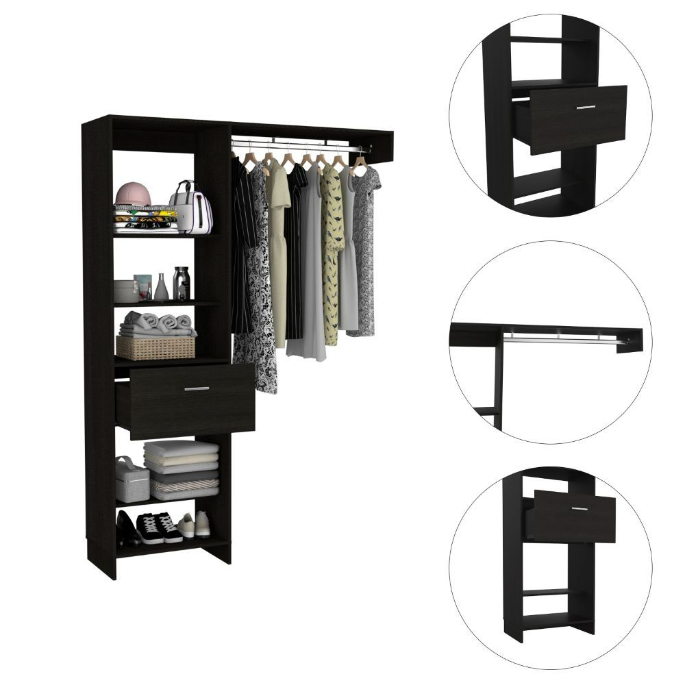 Dynamic Closet System, Five Open Shelves, One Drawer, One Metal Rod