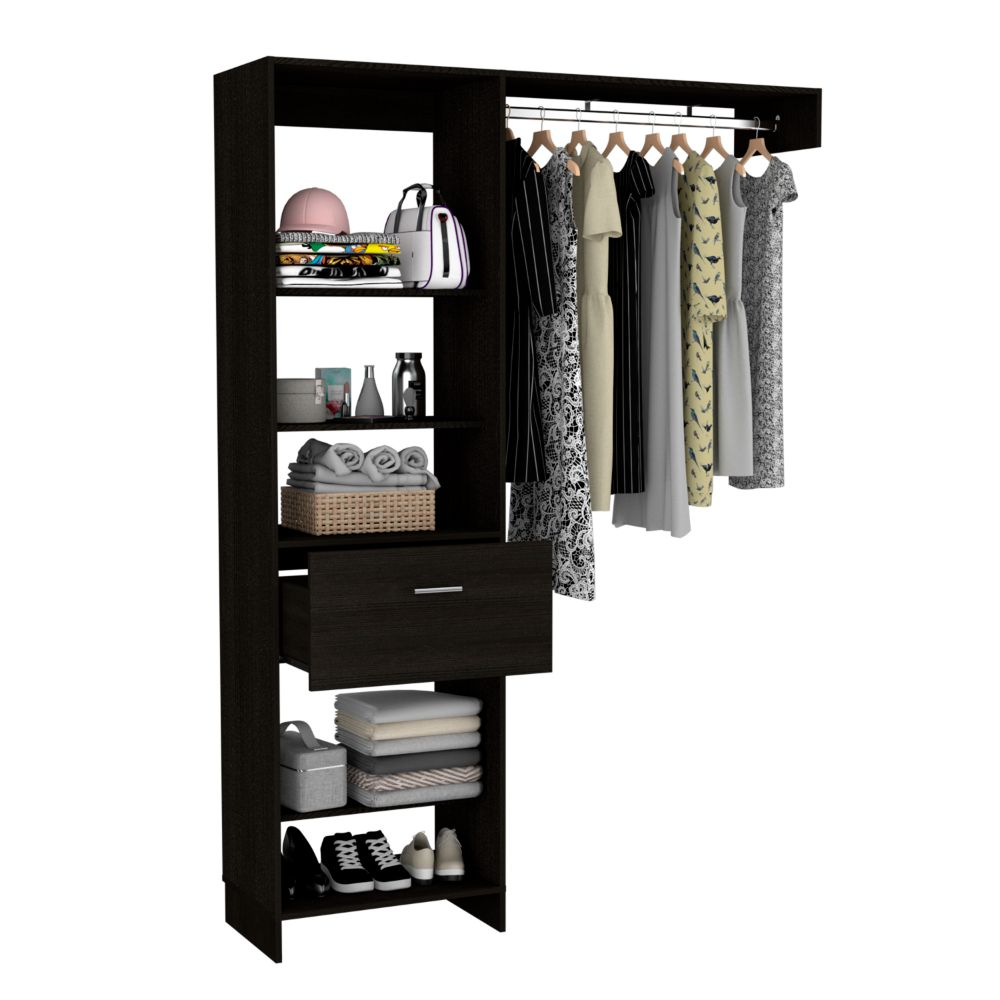 Dynamic Closet System, Five Open Shelves, One Drawer, One Metal Rod