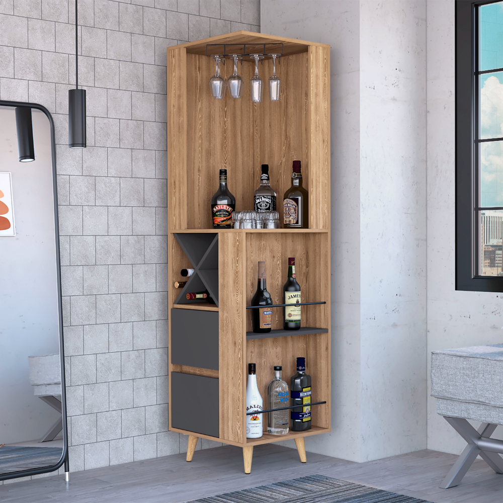 Lisbon Corner Bar Cabinet, Two External Shelves, Two Drawers, Four Wine Compartments