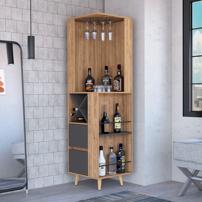 Lisbon Corner Bar Cabinet, Two External Shelves, Two Drawers, Four Wine Compartments