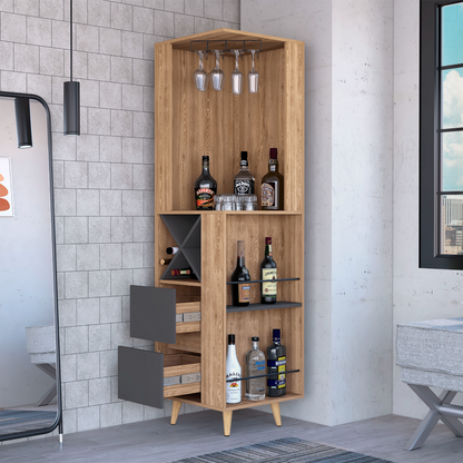 Lisbon Corner Bar Cabinet, Two External Shelves, Two Drawers, Four Wine Compartments