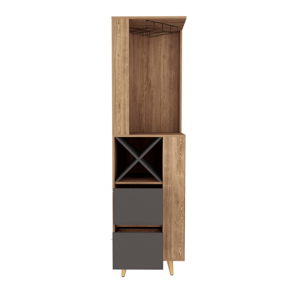 Lisbon Corner Bar Cabinet, Two External Shelves, Two Drawers, Four Wine Compartments