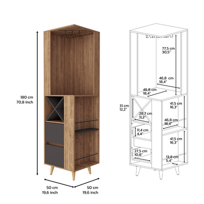 Lisbon Corner Bar Cabinet, Two External Shelves, Two Drawers, Four Wine Compartments