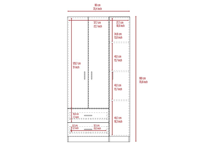 Bosko Three Doors Armoire, Two Drawers, Metal Rod