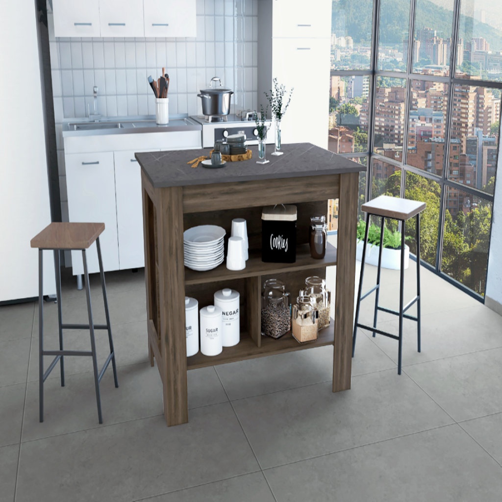 Delos Kitchen Island, Four Legs, Three Shelves