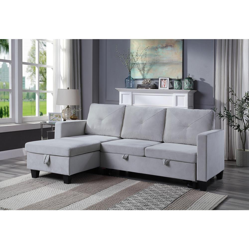 Nova Light Gray Velvet Reversible Sleeper Sectional Sofa with Storage Chaise