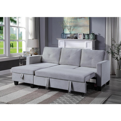 Nova Light Gray Velvet Reversible Sleeper Sectional Sofa with Storage Chaise