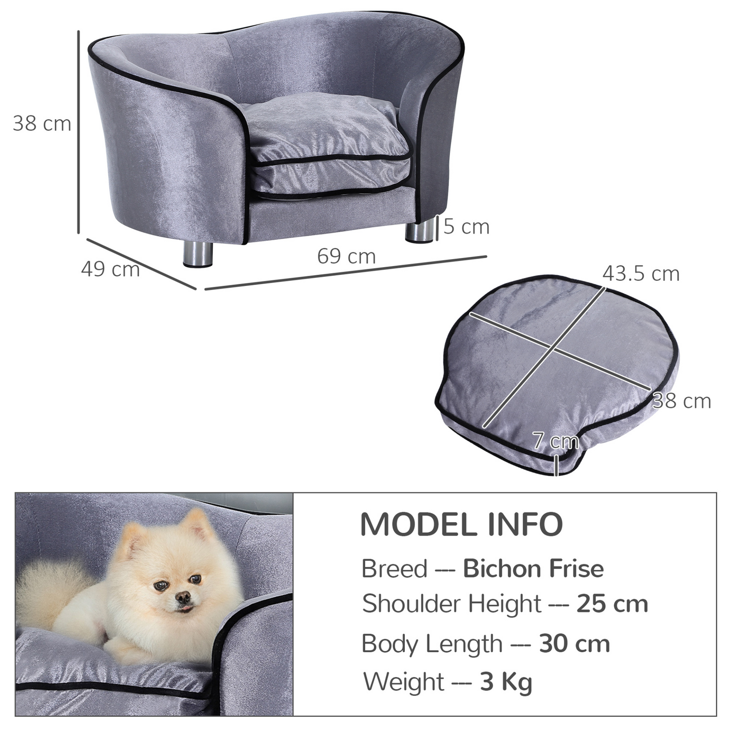 PawHut Dog Sofa Bed for Miniature Dogs, Pet Chair Couch Kitten Lounge with Soft Washable Cushion, Thick Sponge, Wooden Frame, Storage Pocket