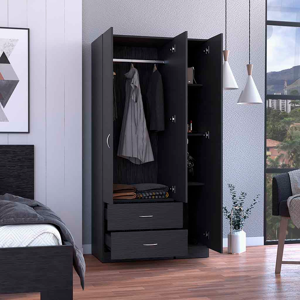 Bosko Three Doors Armoire, Two Drawers, Metal Rod