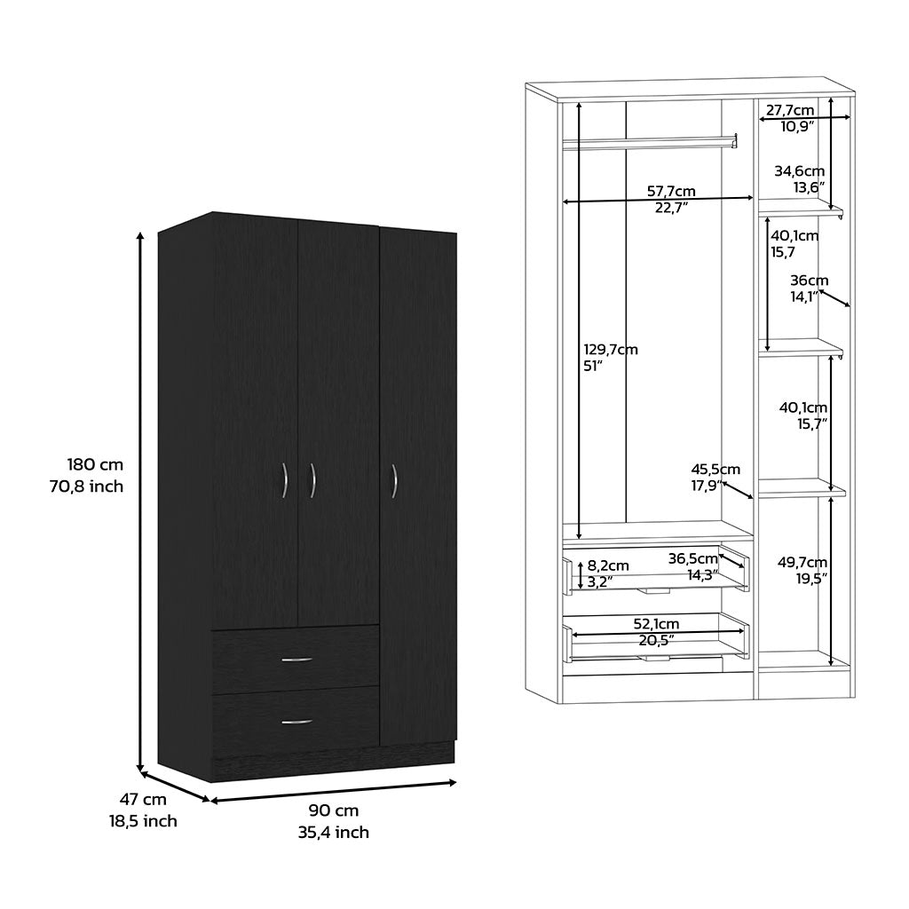 Bosko Three Doors Armoire, Two Drawers, Metal Rod