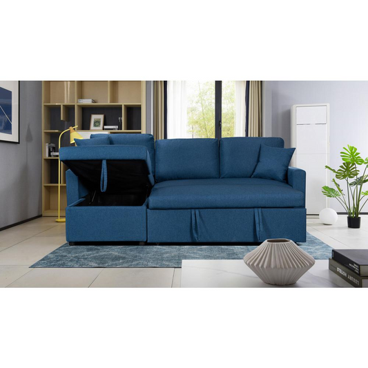 Paisley Blue Linen Fabric Reversible Sleeper Sectional Sofa with Storage Chaise