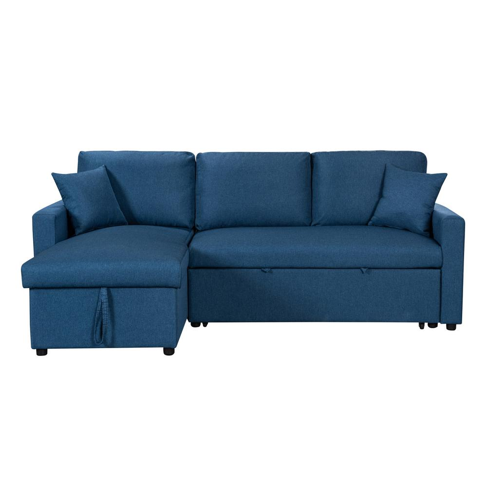 Paisley Blue Linen Fabric Reversible Sleeper Sectional Sofa with Storage Chaise