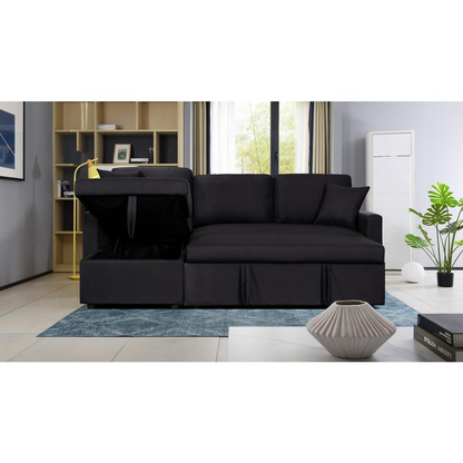 Paisley Black Linen Fabric Reversible Sleeper Sectional Sofa with Storage Chaise