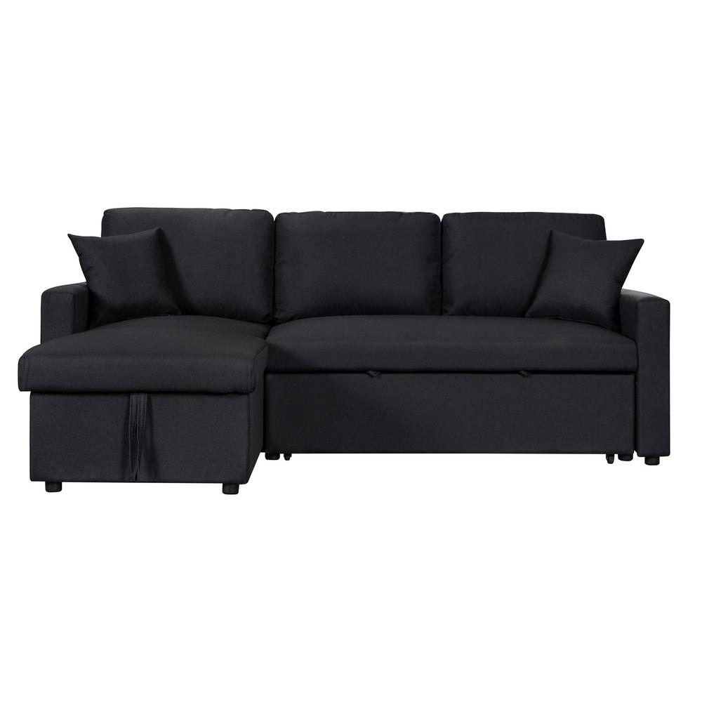 Paisley Black Linen Fabric Reversible Sleeper Sectional Sofa with Storage Chaise