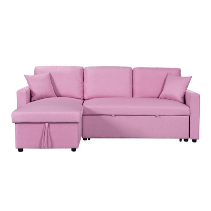 Paisley Pink Linen Fabric Reversible Sleeper Sectional Sofa with Storage Chaise