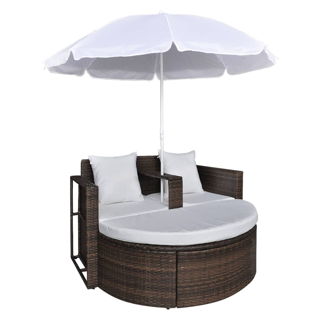 Patio Bed with Parasol Brown Poly Rattan