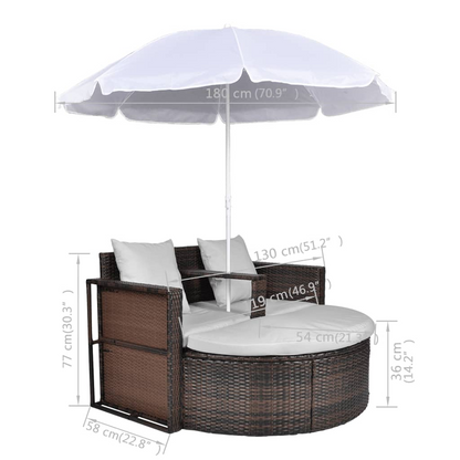 Patio Bed with Parasol Brown Poly Rattan