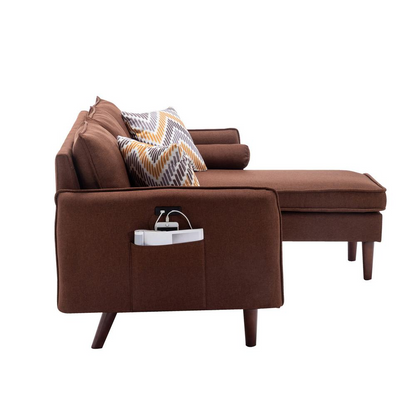 Mia Brown Sectional Sofa Chaise with USB Charger & Pillows