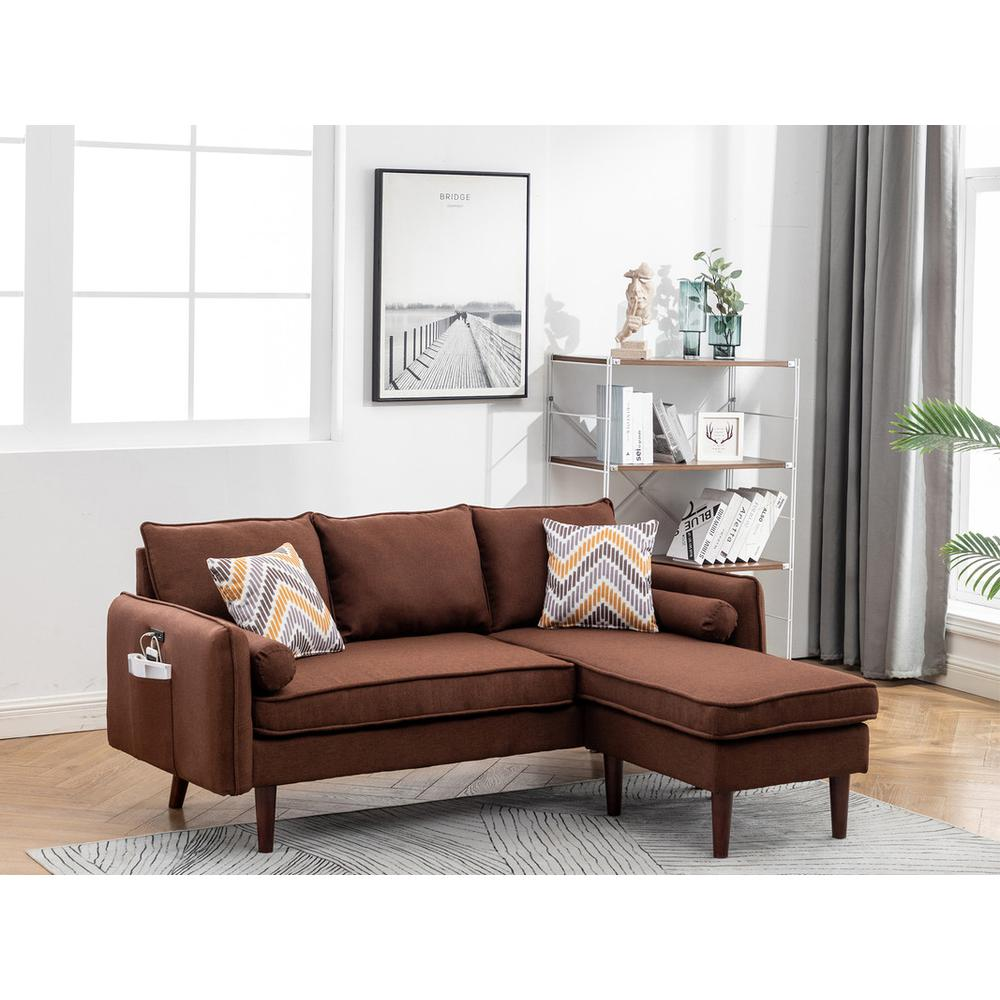 Mia Brown Sectional Sofa Chaise with USB Charger & Pillows