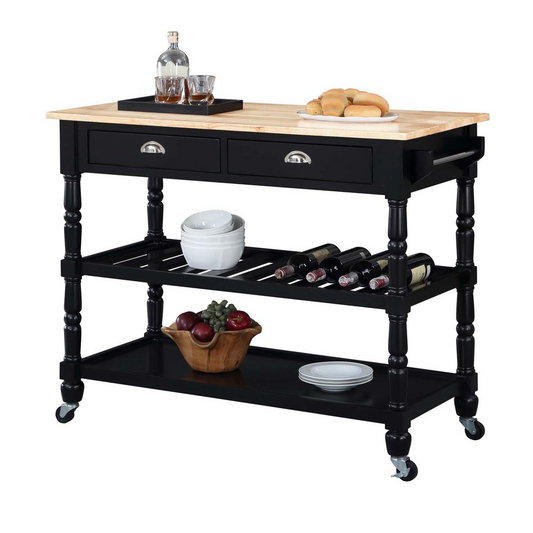 French Country 3 Tier Butcher Block Kitchen Cart with Drawers, Butcher Block/Black