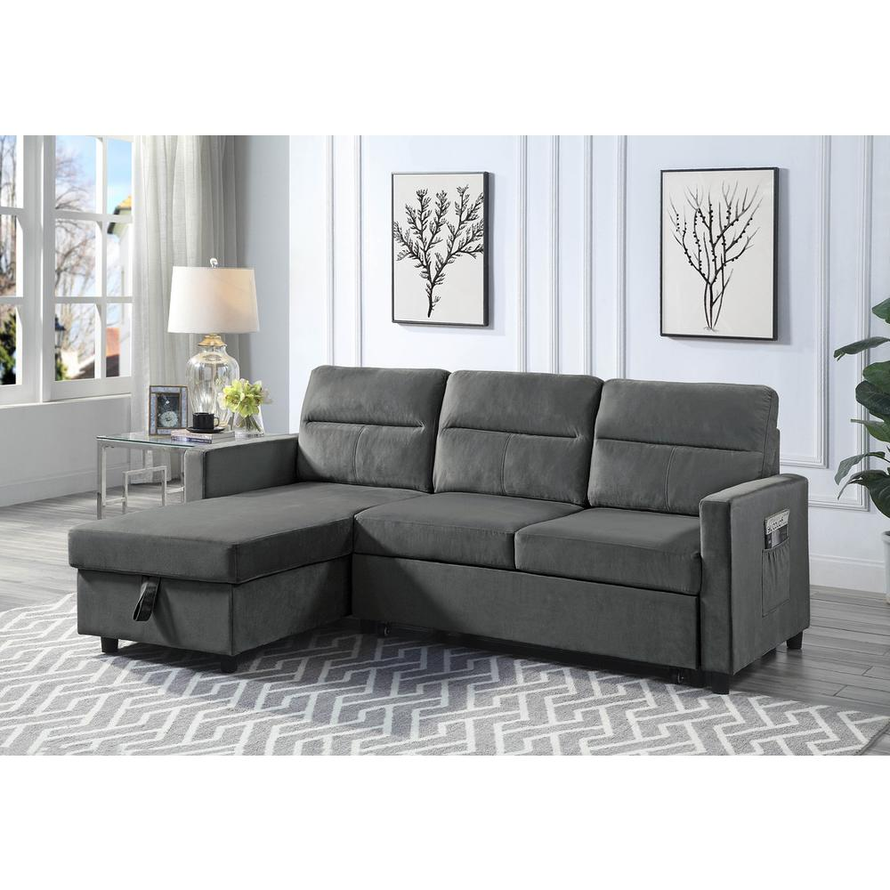 Ivy Dark Gray Velvet Reversible Sleeper Sectional Sofa with Storage Chaise and Side Pocket