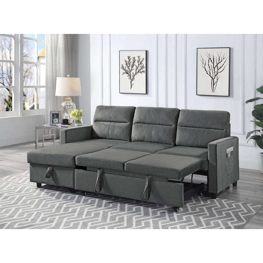 Ivy Dark Gray Velvet Reversible Sleeper Sectional Sofa with Storage Chaise and Side Pocket