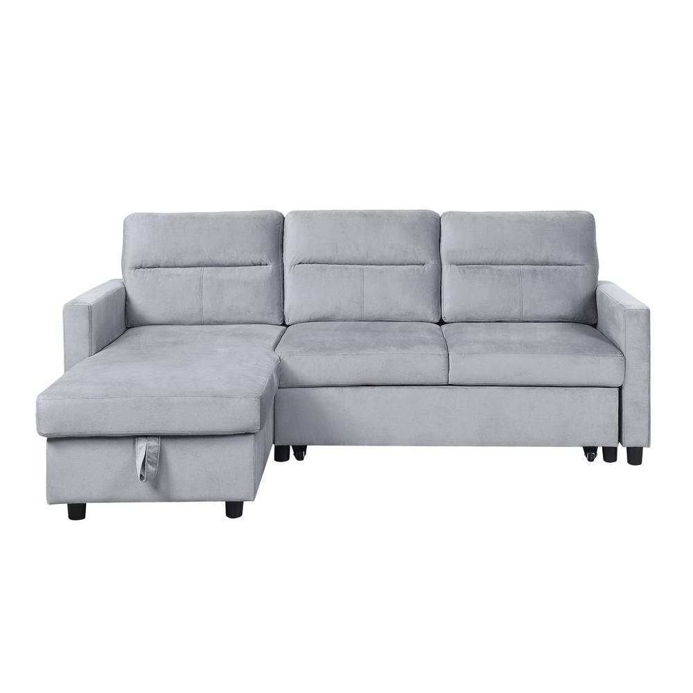 Ivy Light Gray Velvet Reversible Sleeper Sectional Sofa with Storage Chaise and Side Pocket