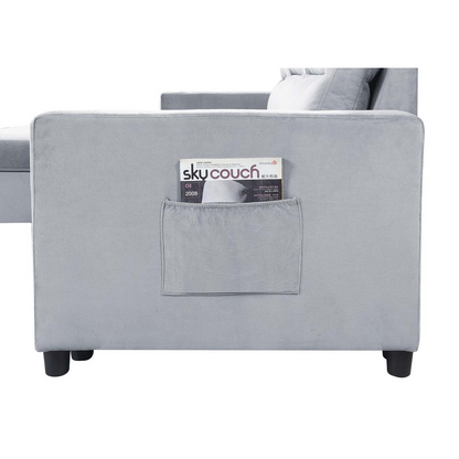 Ivy Light Gray Velvet Reversible Sleeper Sectional Sofa with Storage Chaise and Side Pocket