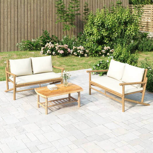 Patio Bench with Cream White Cushions Bamboo