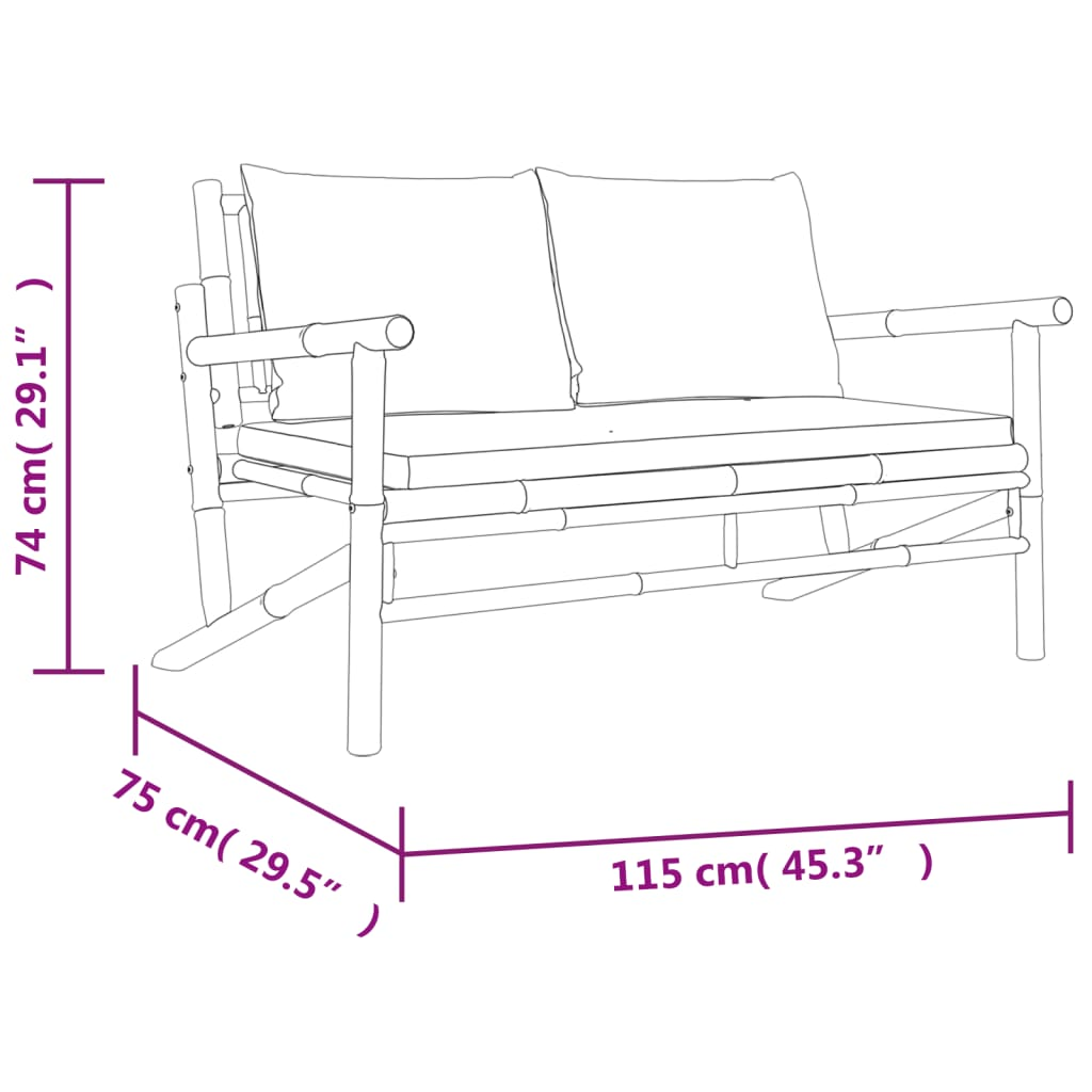 Patio Bench with Cream White Cushions Bamboo