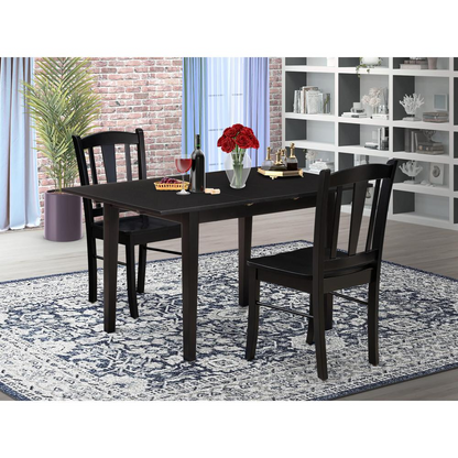 3-Piece Kitchen Dining Room Set- 2 Modern Dining Chairs with Wooden Seat and Slatted Chair Back - Butterfly Leaf Rectangular Dining Table (Black Finish)