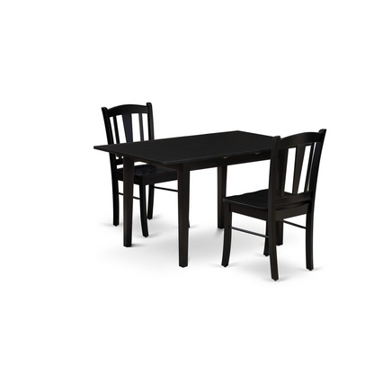 3-Piece Kitchen Dining Room Set- 2 Modern Dining Chairs with Wooden Seat and Slatted Chair Back - Butterfly Leaf Rectangular Dining Table (Black Finish)