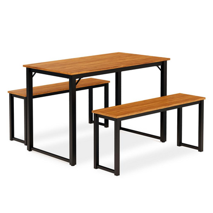 3 Pc Kitchen Set - 1 Modern Dining Table and 2 Mid Century Benches in Powder Coating Black Color and Brown Wood Laminate