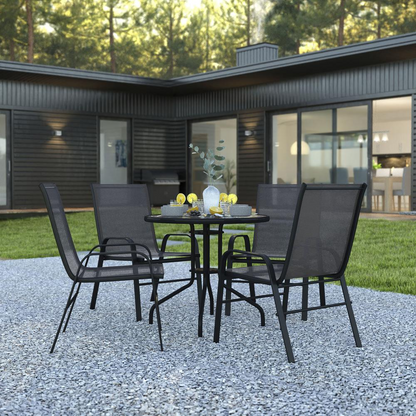 5 Piece Outdoor Patio Dining Set - 31.5" Round Tempered Glass Patio Table, 4 Black Flex Comfort Stack Chairs