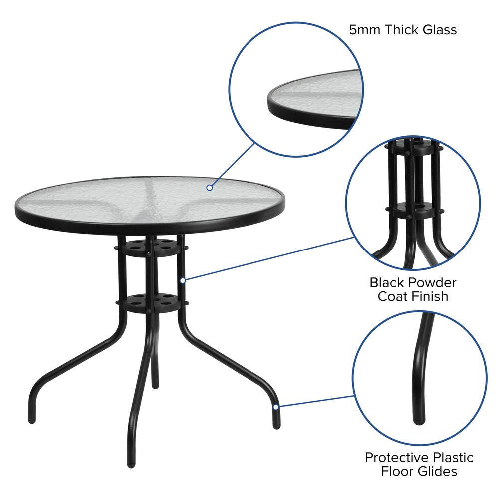 5 Piece Outdoor Patio Dining Set - 31.5" Round Tempered Glass Patio Table, 4 Black Flex Comfort Stack Chairs